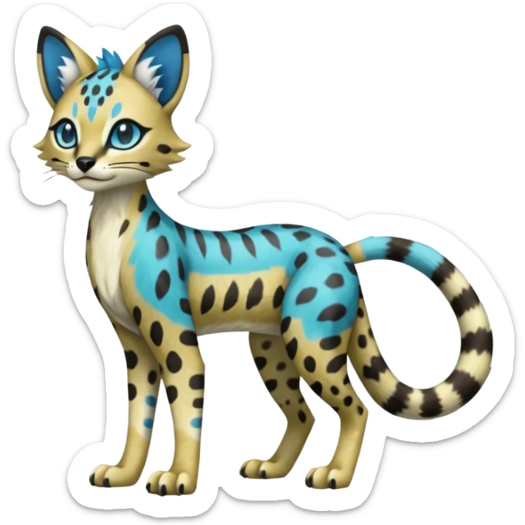 Colorful Meloetta-Sergal-Serval-Civet-Genet-Pokémon-Digimon-Fakémon-fusion-hybrid-creature with Cyan stripes and blue leopard-spot-markings  sticker