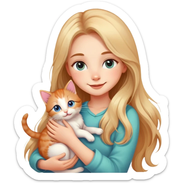 "Create a cute emoji of a beautiful girl holding a small kitten in her arms. The girl has soft features, long flowing hair, and a gentle smile. The kitten looks cozy and happy. The style should be colorful, charming, and expressive, with big sparkling eyes and a warm, loving vibe." sticker