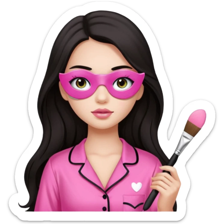 Dark long hair girl wearing pink victorias secret sleepwear is holding a makeup brush she also has eye patches white sticker