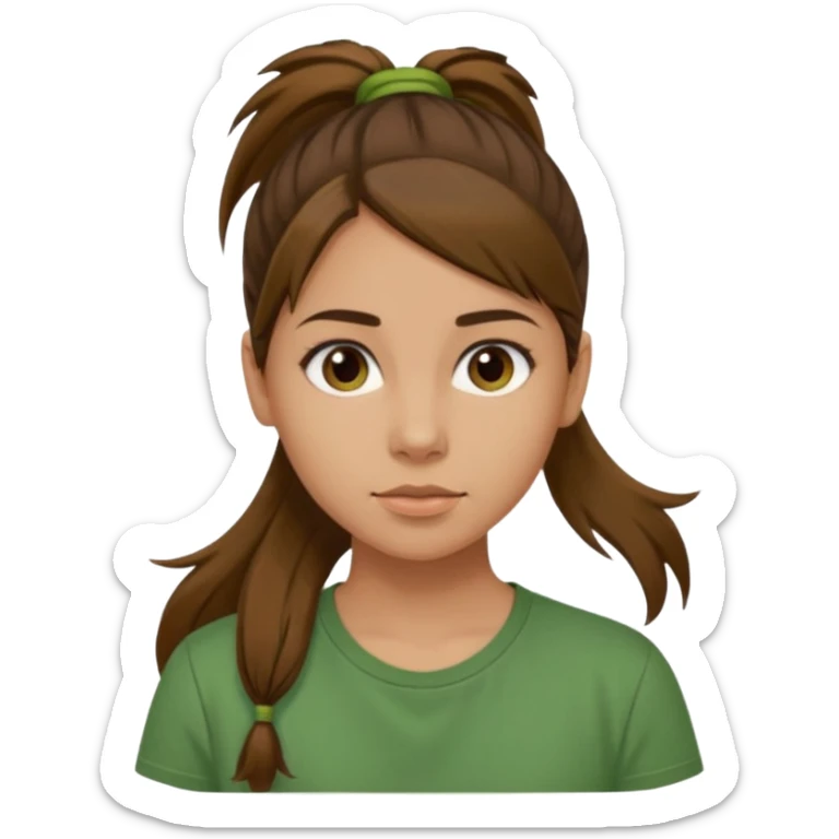 Make a zumba coach emoji, brown eyes, brown hair girl, green shirt with the "the roots" on it, longer pony tail hair sticker