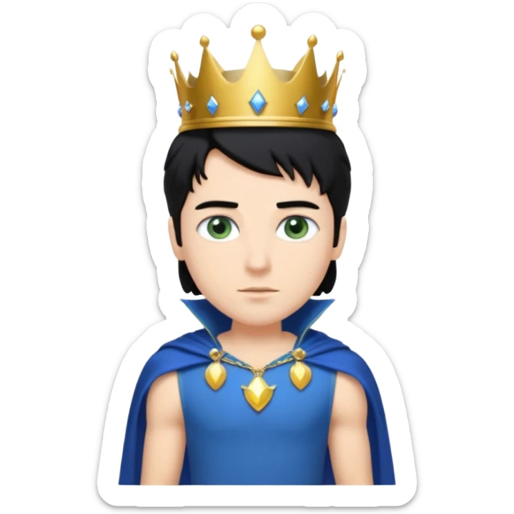 Prince with crown, blue cape and trousers, body and legs, black hair, blue eyes, woman blonde hair, green eyes, sexy white short sleveless dress,  sticker