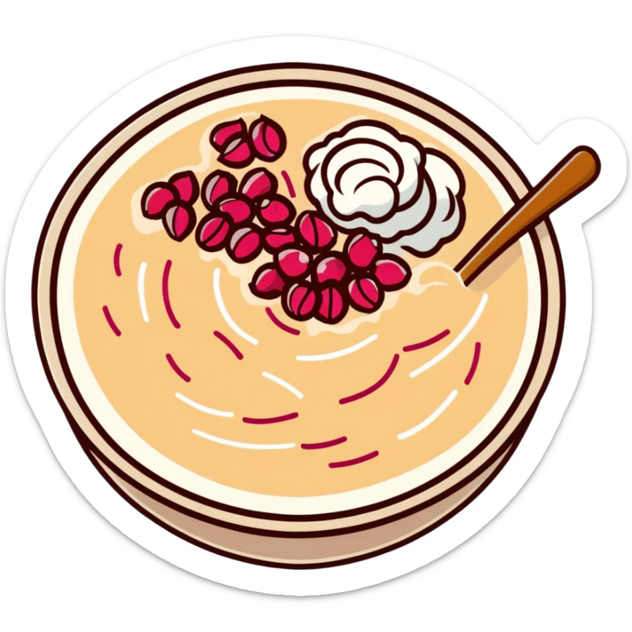 steaming bowl of oatmeal with a dollop of peanut butter, sprinkle of coconut flakes, and fresh pomegranate arils sticker