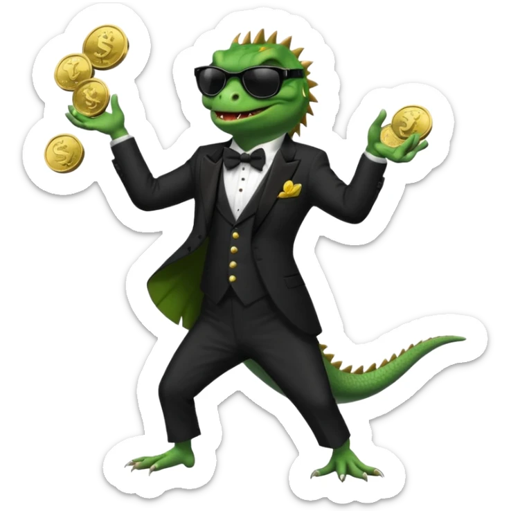 capitalist iguana banker in tuxedo and black sunglasses dancing crazy with coins sticker