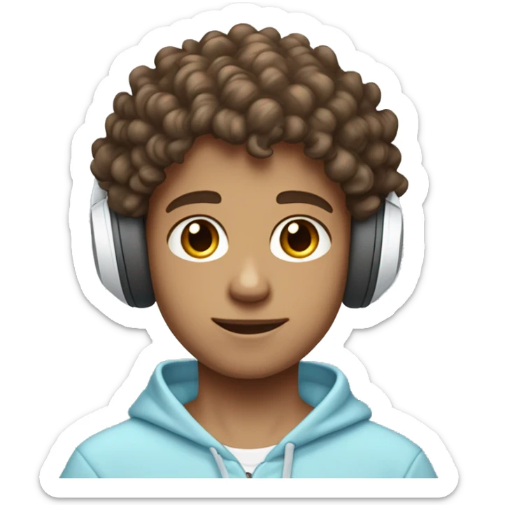 brown short curly haired brown eyed boy who is peach skinned wearing a white wireless headset and light blue hoodie sticker