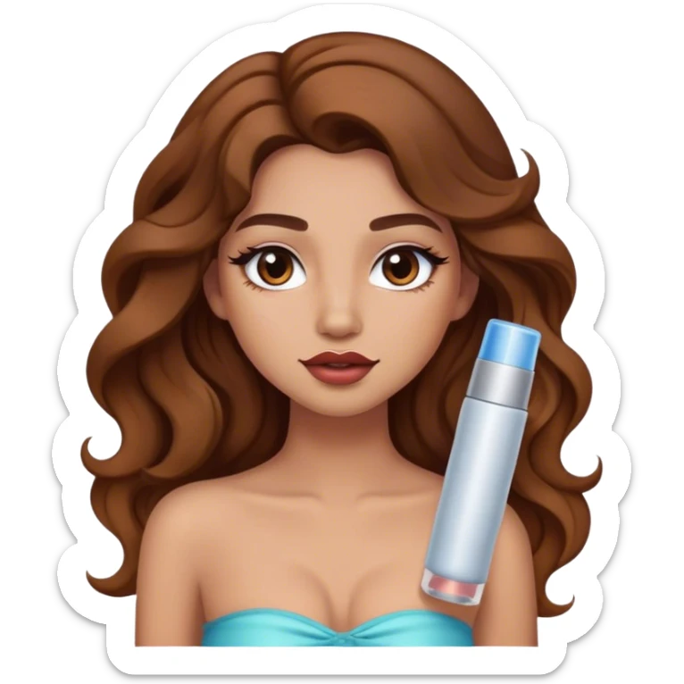 Girl with long wavy brown hair with a tube top and makeup sticker