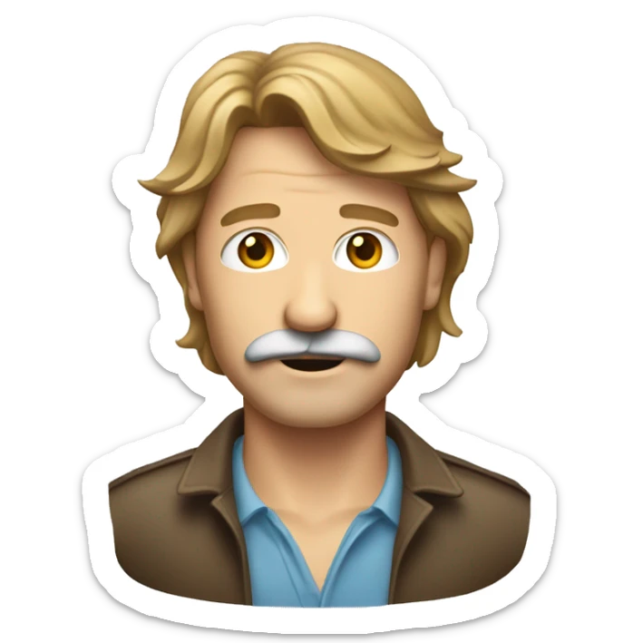can you make me an emoji in png format with a transparent background, of a middle aged man with light brown hair in a mullet, and he has a moustache sticker