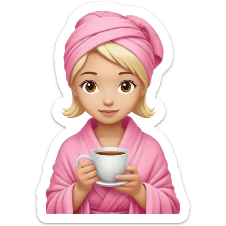 girl hair wrapped in pink towel holding tea with hands sticker