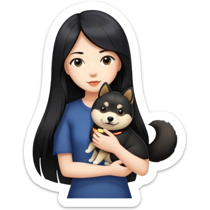 A girl with long black straight hair holding a black Shiba Inu sticker