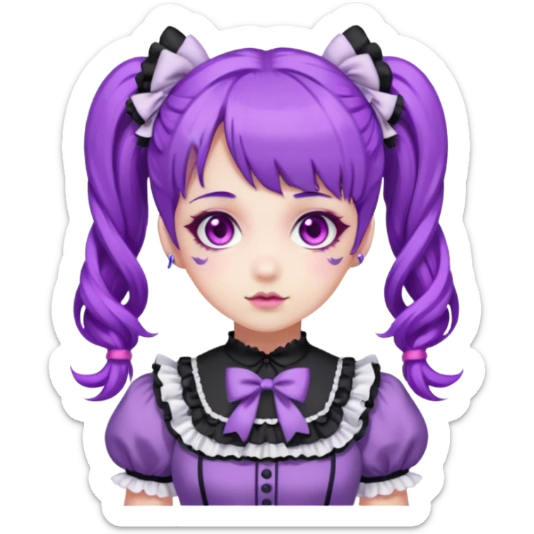 sweet lolita with purple hair in twin tails, pink eyes, white skin, wearing a purple and white frilly dress sticker