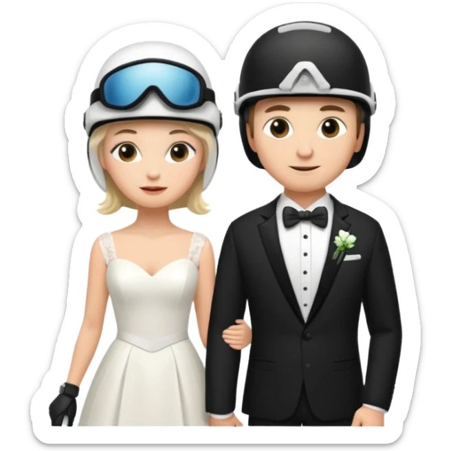 a recently marries couple skiing, ski helmet on in wedding dress and tux sticker
