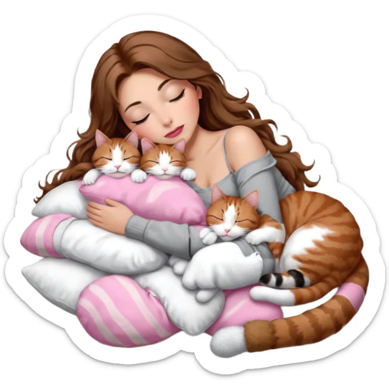 girl with long wavy brown hair, brown eyes, long lashes makeup, sexy pink lips, light to medium complexion,  sleeping on a cozy pillow, with 6 cats: 1 brown and white tabby cat, 1 ginger and white, 2 grey and white, 1 grey with white mittens and small white patch on chest and 1 calico, sleeping sticker