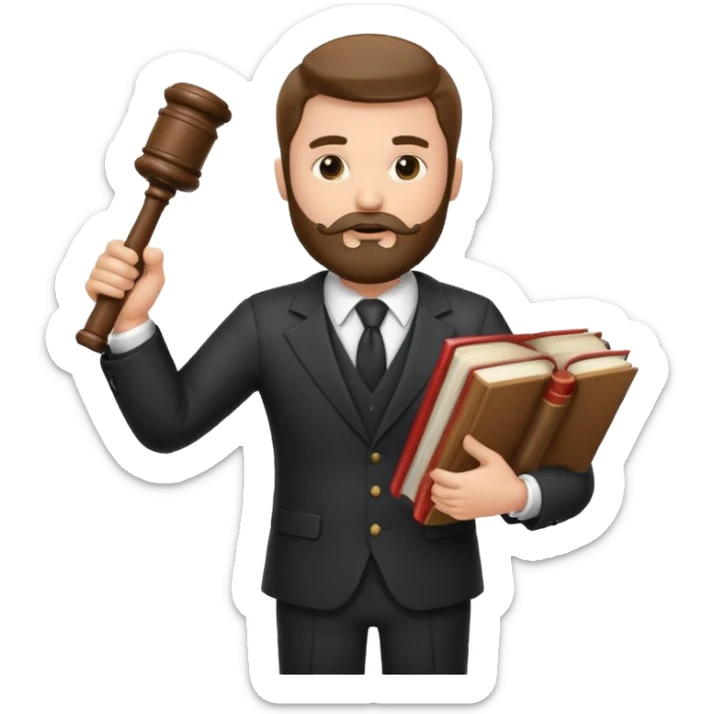 Create a male lawyer. he is wearing a fromal suit jckeret. He is holding a gavel in one hand and a book tucked under his another arm. He has beard  sticker