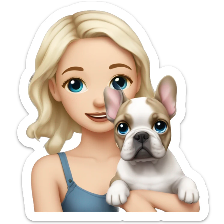  Girl light-skinned and fair-haired blue eyes with a French bulldog merle puppy sticker