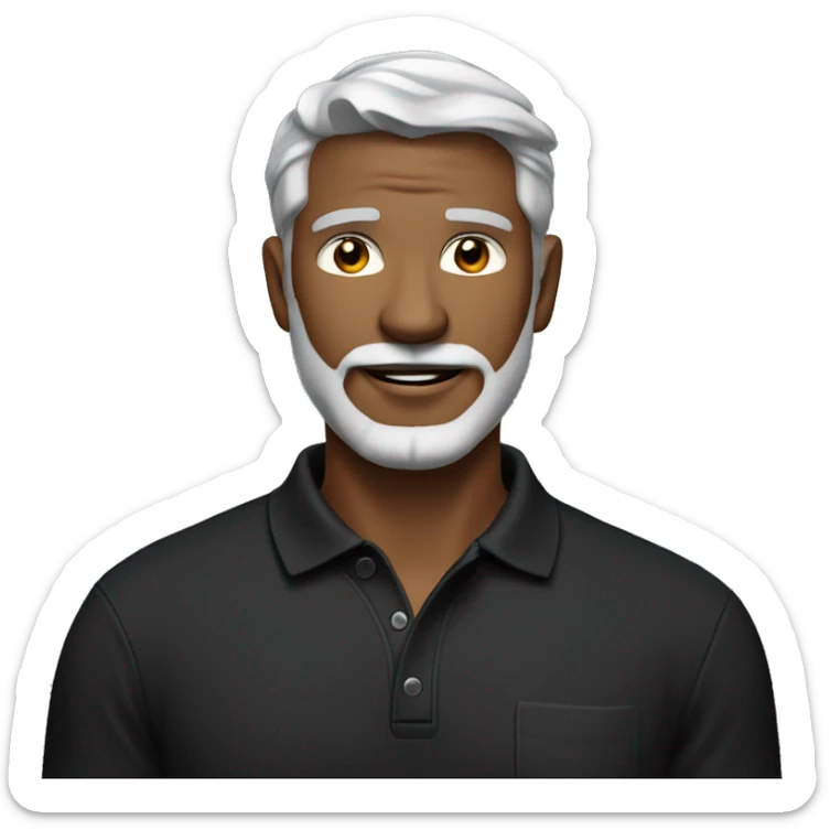 a slim man in 40s with gray hair and trimmer white beard wearing black polo shirt sticker