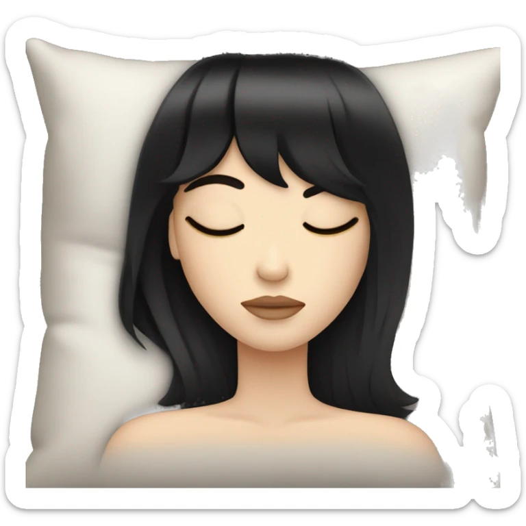 Woman pale skin black hair with bangs sleeping in bed with pillow, white woman sticker