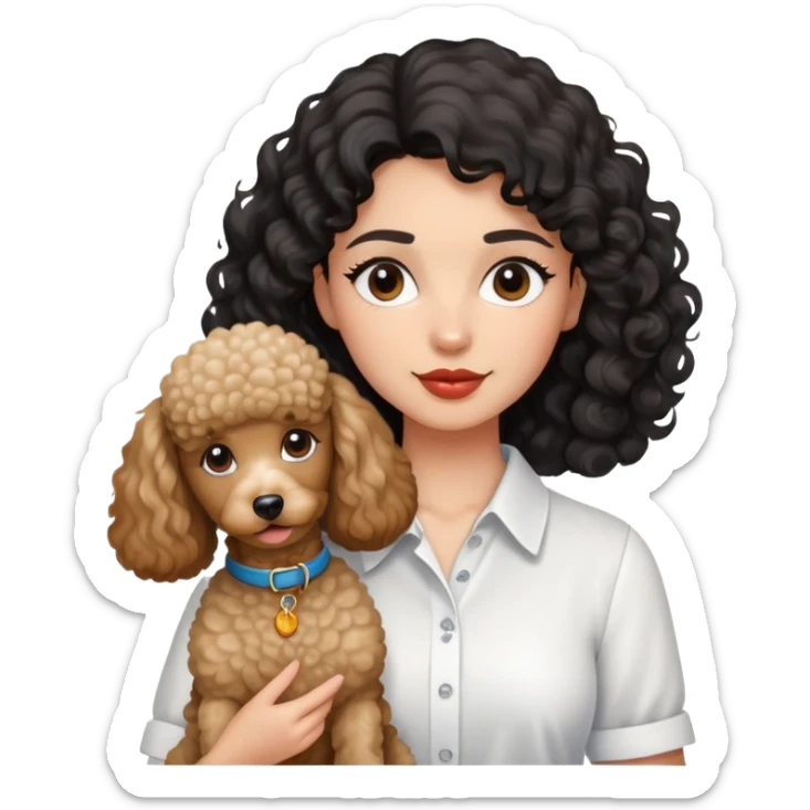 A black wavy haired, fair-skinned woman in a white shirt, with a poodle dog sticker