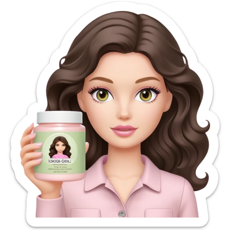 A white Barbie girl with long dark brown wavy hair in pale olive clothes holds Pale pink body moisturizer cream pot with label sticker