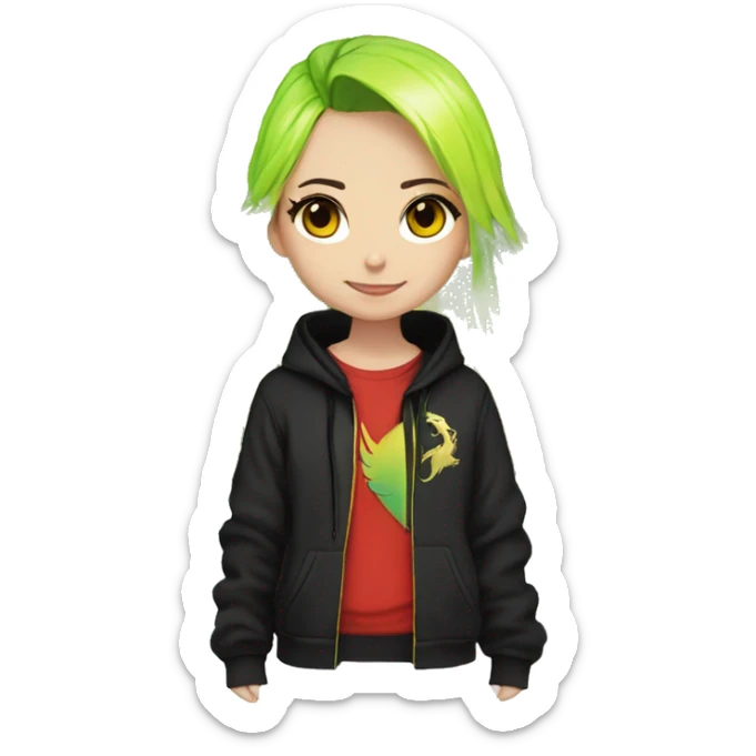 Lady with brunette and iridescent blue hair, gold, lime green dragon wings, black hoodie, bleach dyed, black and gold Nike t shirt, and bright red eyes sticker