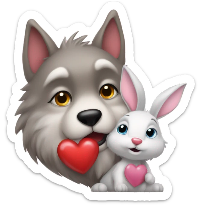 Old big Wolf kisses a white little Bunny who has pink ears, with big red heart between them sticker