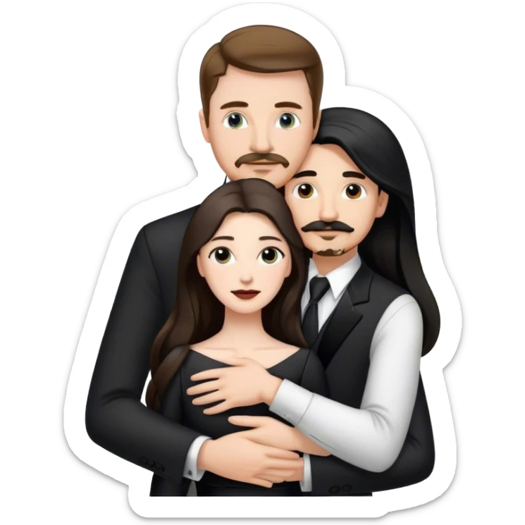 tall white man with brown hair goatee mustache hugging a pale woman with long black hair, wearing black and white formal clothing sticker