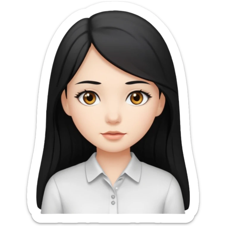 girl with long ash black hair and gray eyes, wearing a white shirt sticker