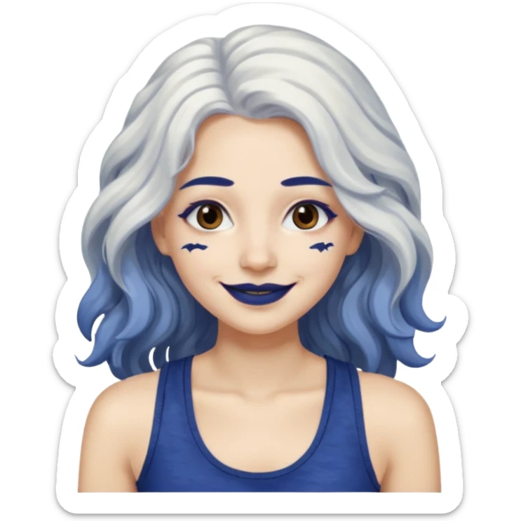 woman with wavy long white hair and brown eyes. She has dark blue lipstick. smiling in a grunge tanktop sticker