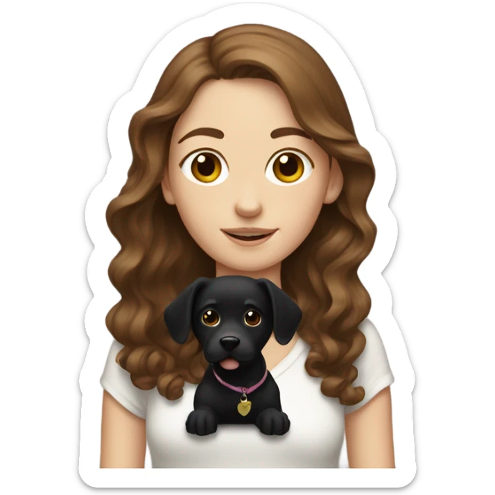 white girl with wavy brown hair holding black dog sticker