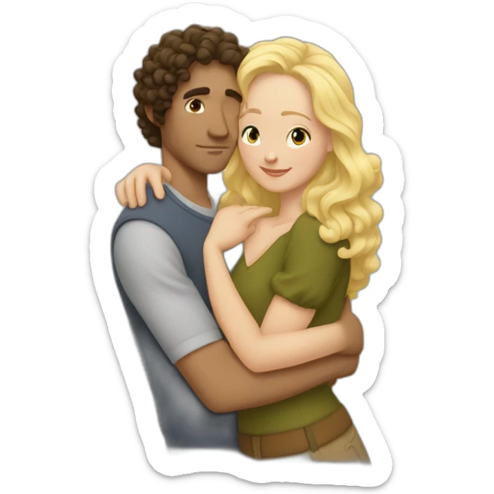 White Man with long dark curly hair hugging a blonde curvy woman sticker
