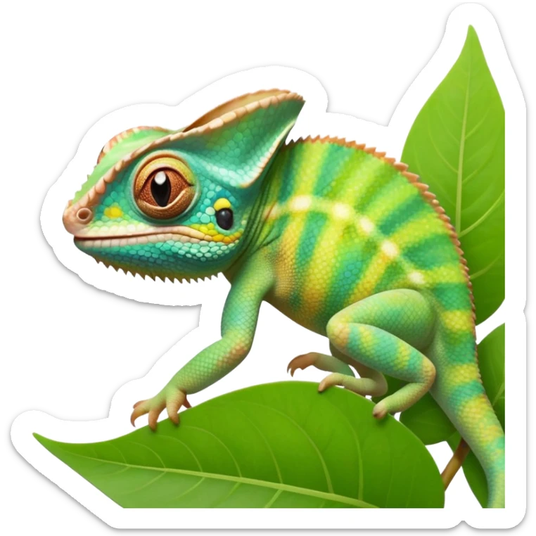 cinematic cute-smiling baby chameleon-realistic emoji,-blending-with-vibrant-greenery.-detailed-scales-in-shifting-colors,-showing-the-chameleon’s-ability-to-camouflage.-soft-natural-light-highlights-its-texture.-light-background, zoomed into its face sticker