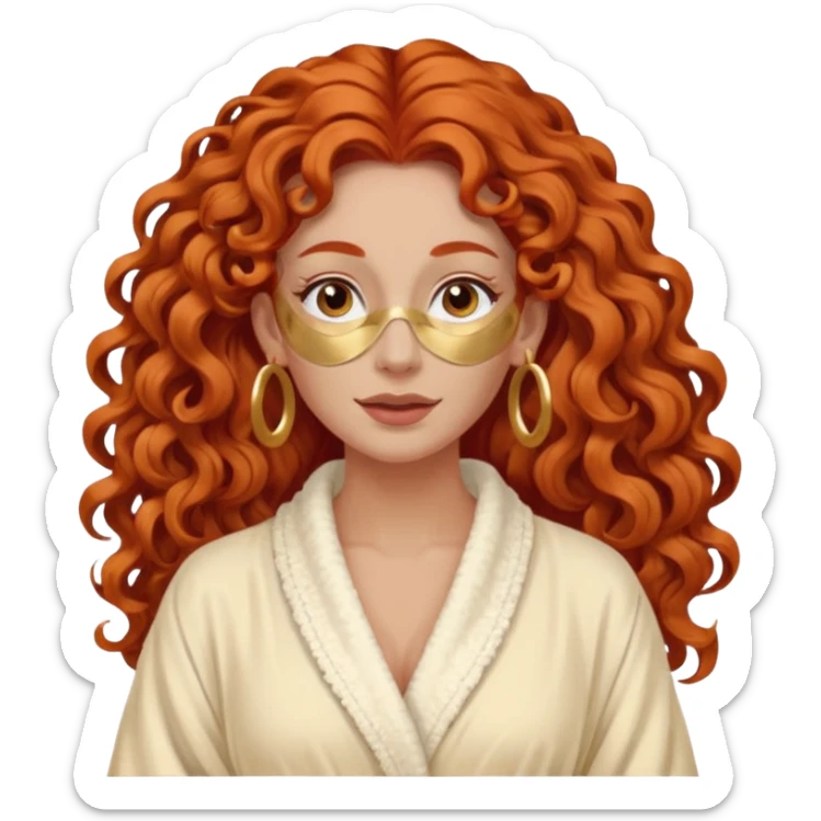 red haired very long curly haired woman with full face clay mask  and big earrings sticker