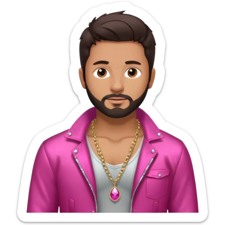 Frankie Zulferino with dark brown hair and short beard shirtless with necklace, dark pink metallic jacket sticker