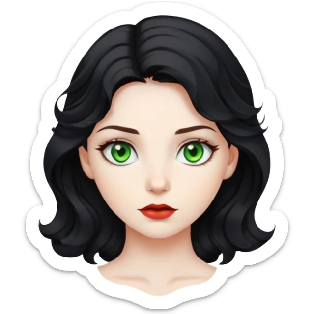 girl with green eyes, white skin, wavy black hair, hint of red hair at the nape sticker