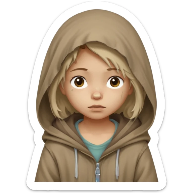 Young beggar little girl character, chest-up portrait, wearing worn and oversized clothes, hair is visible, neutral earth-tone fabric, slightly messy hair peeking from under a hood, tired but gentle eyes, subtle dirt marks on face, sticker