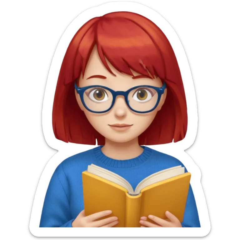 a girl with red hair and bangs with glasses wearing blue sweater reading a yellow cover book sticker