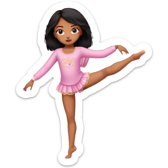 generate a pretty bratz brown skinned girl with messy black hair in pyjamas dancing in room ballet sticker
