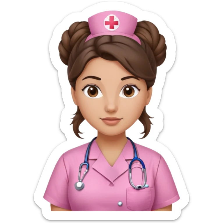 pretty and curvy brunette nurse with long hair in a messy bun in pink scrubs sticker