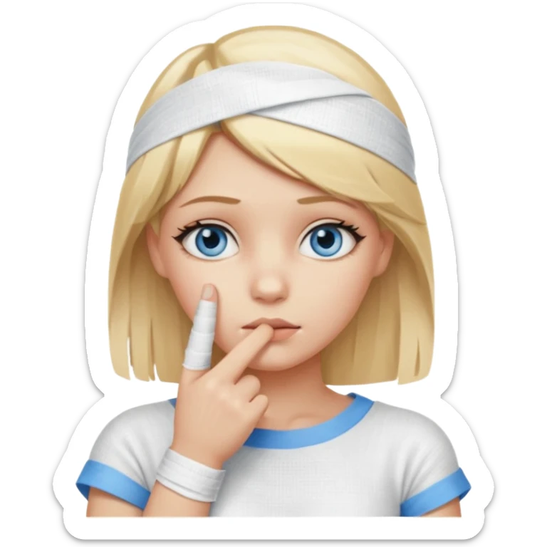 blonde-haired, blue-eyed, fair-skinned girl with her index finger completely covered in a bandage, finger on chin, thinking sticker