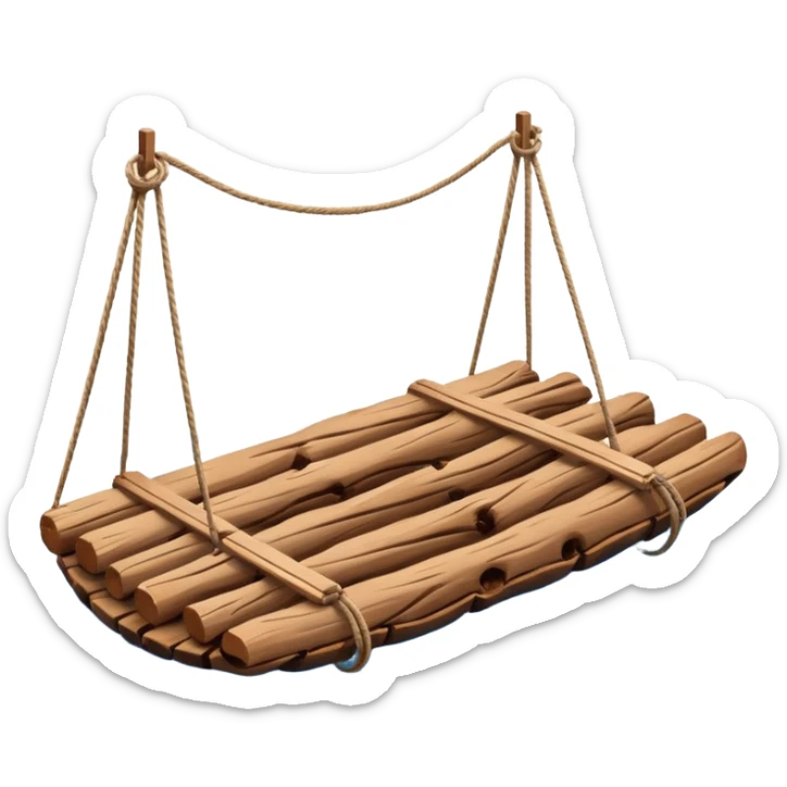 showing a simple wooden raft floating on calm blue water — made of several brown logs tied together with rope — gentle ripples around it — bright, cheerful lighting and soft shadows — minimalist, clean emoji design sticker