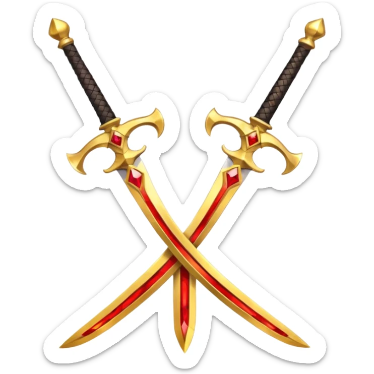 Two crossed swords that are golden in blade and handle and have fiery and royal appearence to them as well as red gem stones yellow in color sticker