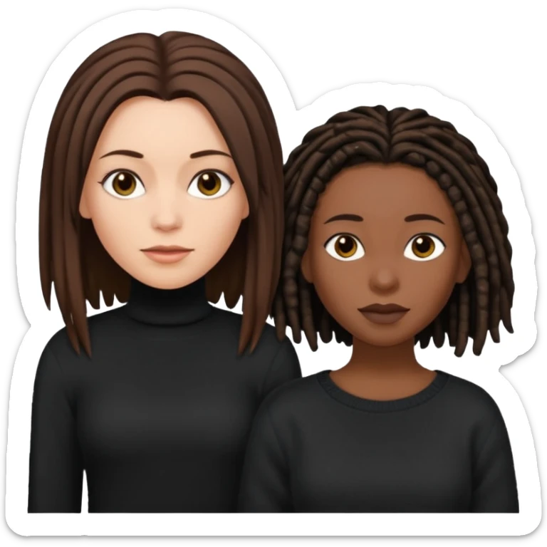 white woman brunette with very short hair and a black top. And black woman with long dread locks with a black sweater  sticker