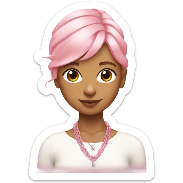 A girl wearing a Hermes necklace with a light pink ribbon and a strand of pink hair on the front  sticker