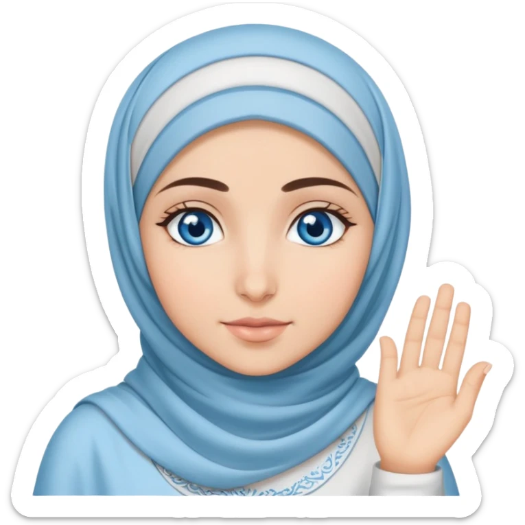 Turkish beautiful finish Konya girl blue eyes with cloudy hijab islamic dress and had on her hand text Eid Mubarak  sticker