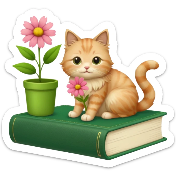 A beige fluffy cat sits on top of a green book + flower sticker