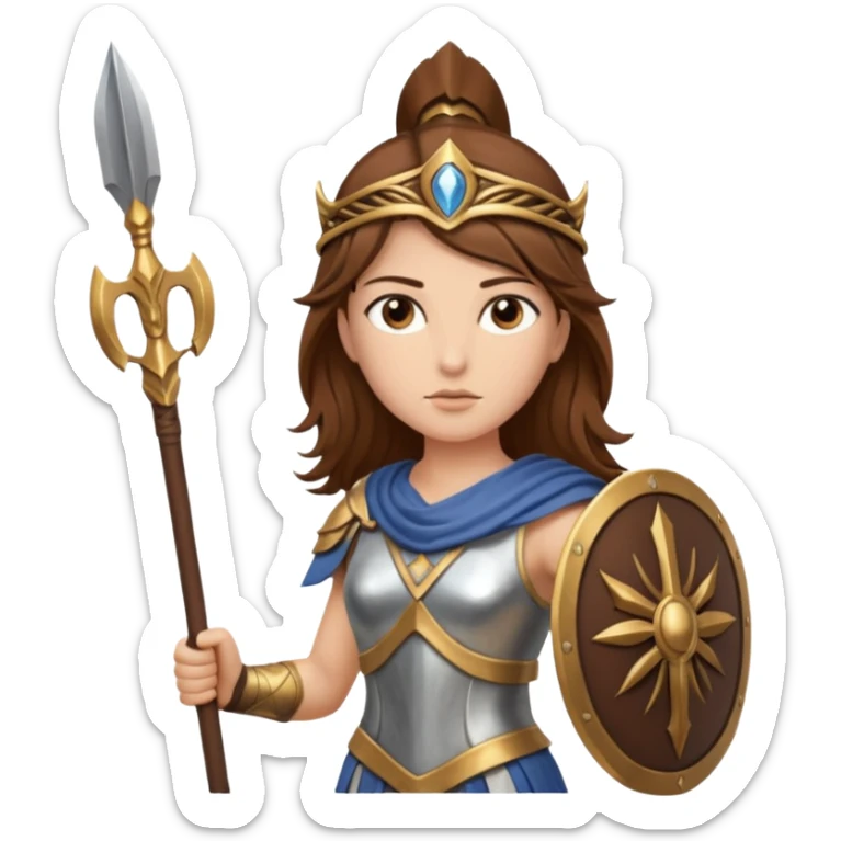 brown haired Athena the Greek goddess of disciplined, strategic warfare, calm, commanding figure leading with intelligence not force. wears light armour carries a spear, symbolising protection precise judgement. strategy, not aggression, embodying clarity, foresight and decisive action. sticker
