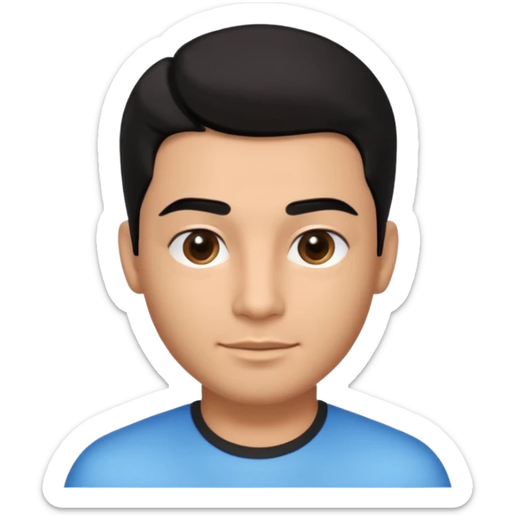 Emoji masculino em estilo 3D / cartoon realista, com pele morena clara, cabelos pretos bem penteados com gel, fios alinhados e com brilho, olhos pretos expressivos, sobrancelhas bem definidas, rosto jovem, expressão simpática e confiante, traços suaves e harmoniosos, sem barba sticker