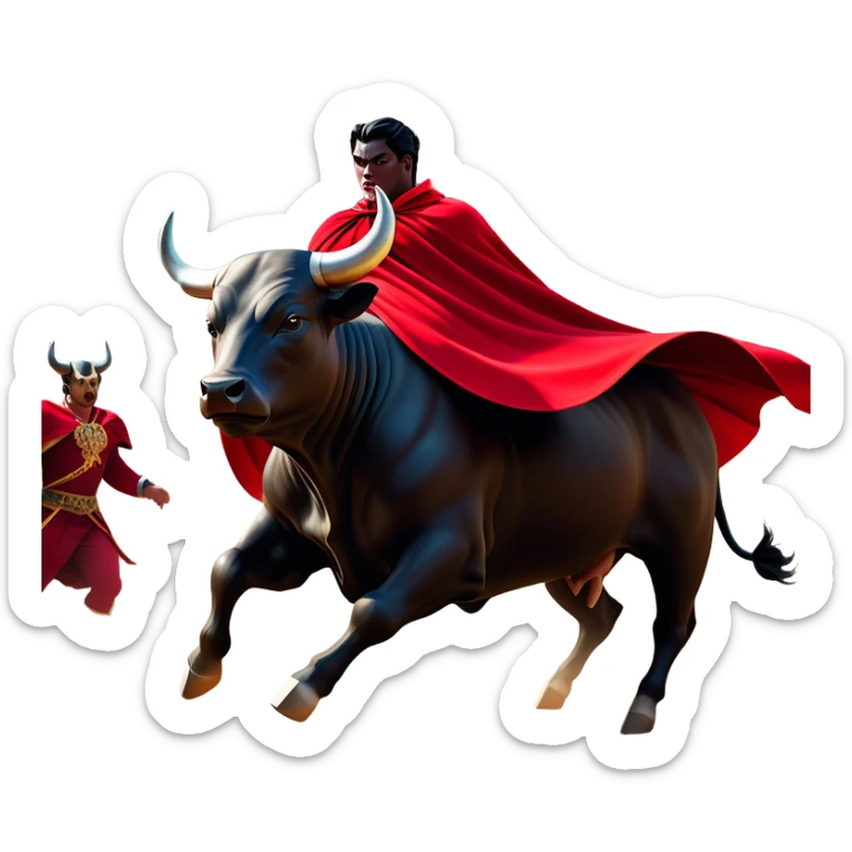 ​Cinematic Realistic black charging bull, against a matador depicted in a flowing red cape, captured in the dramatic moment of confronting a charging bull in a traditional bullring, rendered with dynamic motion and dramatic lighting that encapsulates the intensity and artistry of the spectacle, sticker