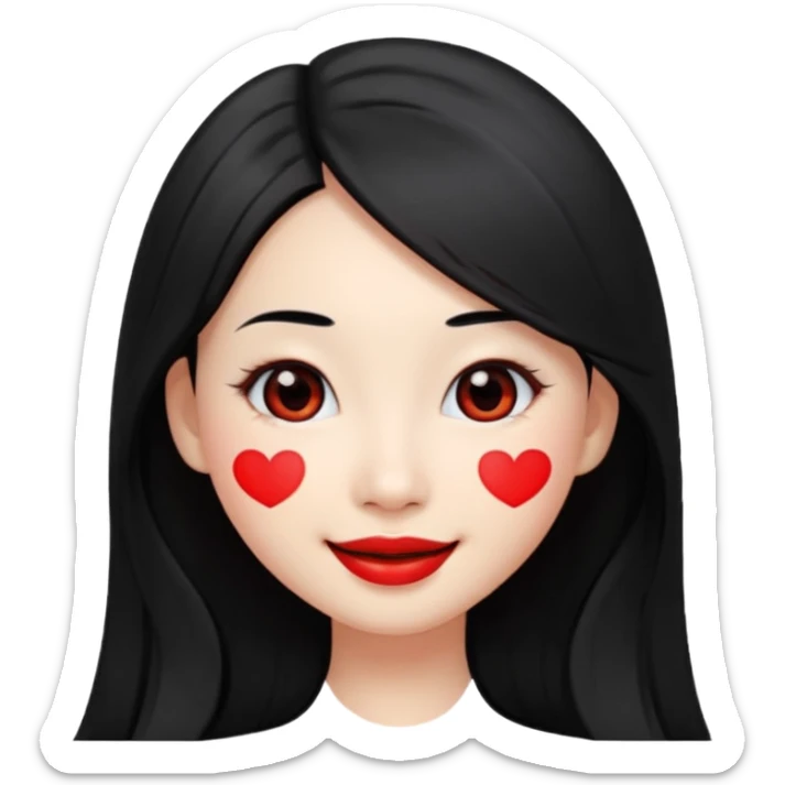 smiling young Chinese woman, long black hair, fair skin, oval face, large black eyes, red lips, emoji style sticker