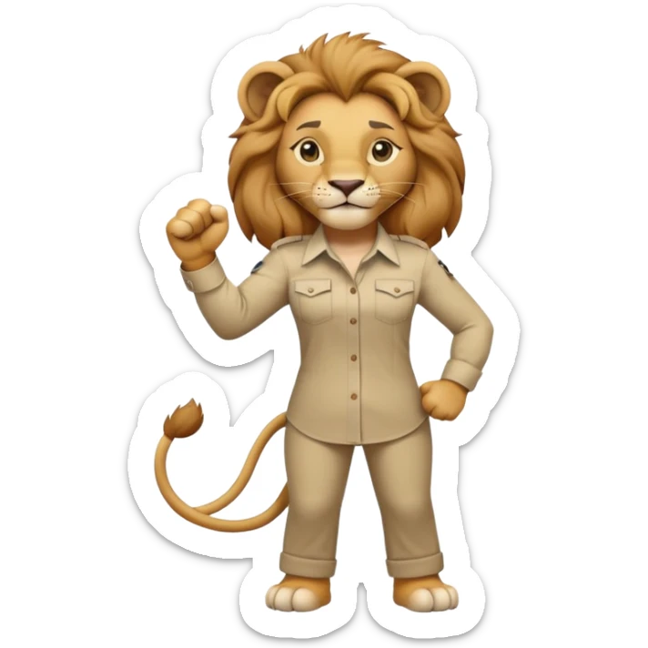 friendly anthropomorphised female lion in a shirt and pants doing a fist pump sticker
