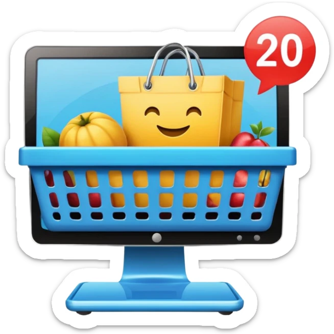 desktop monitor with price tag and shopping basket, e-commerce, high fidelity, smooth edges, emoji style sticker