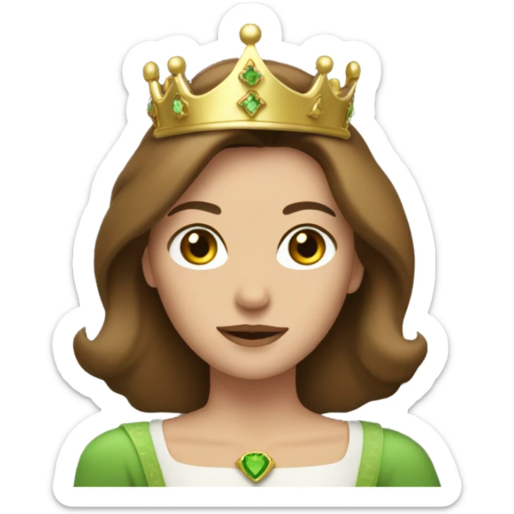 middle age woman with green eyes and shoulder length straight brown hair wearing a gold princess crown sticker